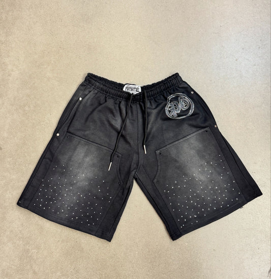 “SS25” Rhinestone Stone Washed Sweatjorts - Black